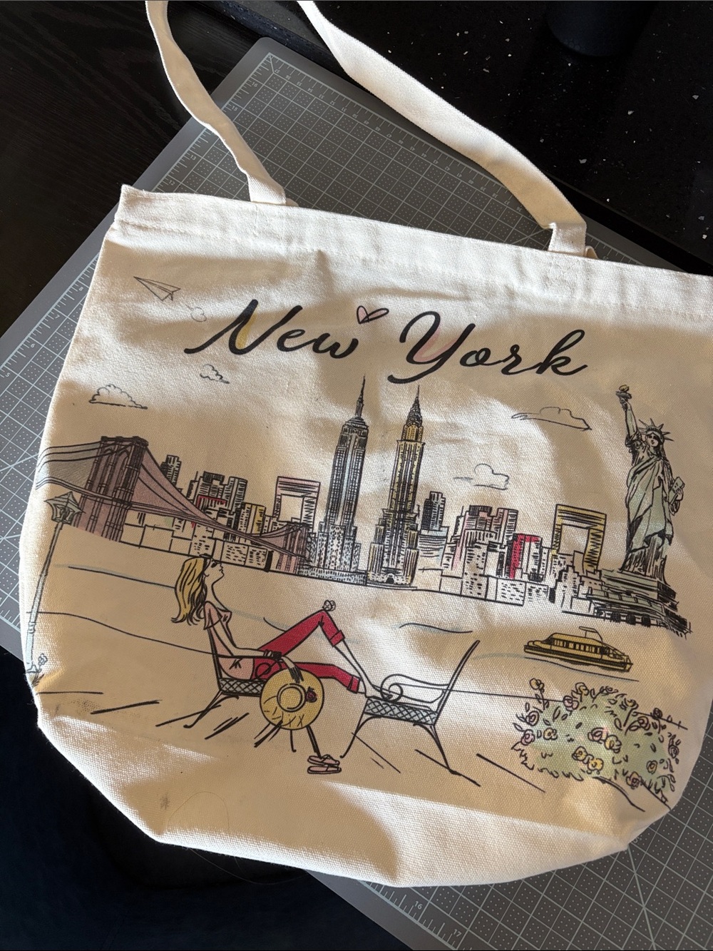 New York Canvas Tote Bag - Cream with Black & Red Accents